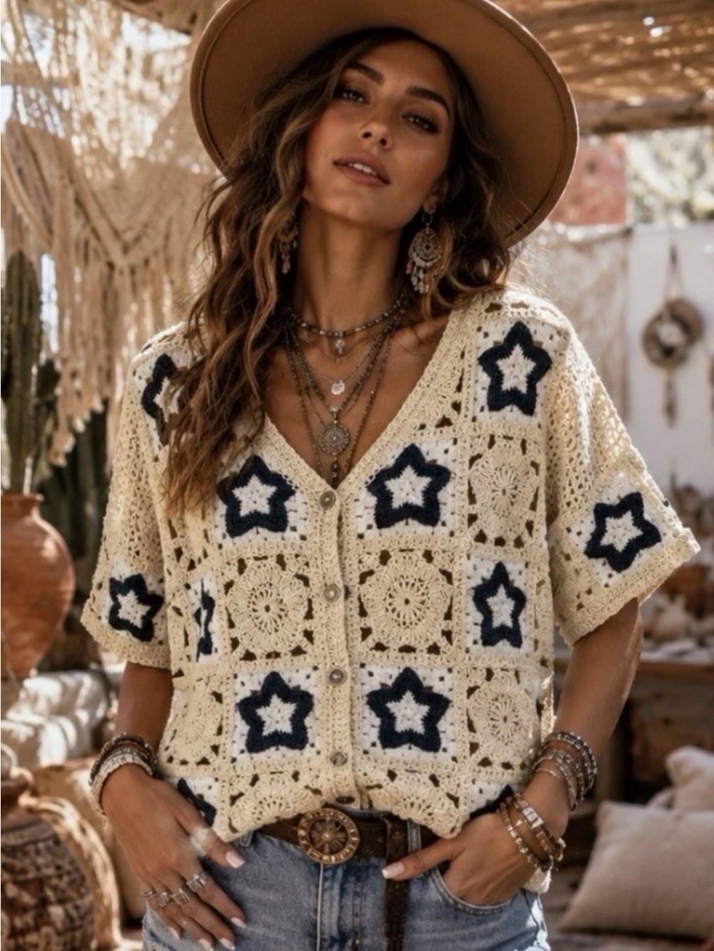 POL Crochet Star Motif Button-Front Cardigan